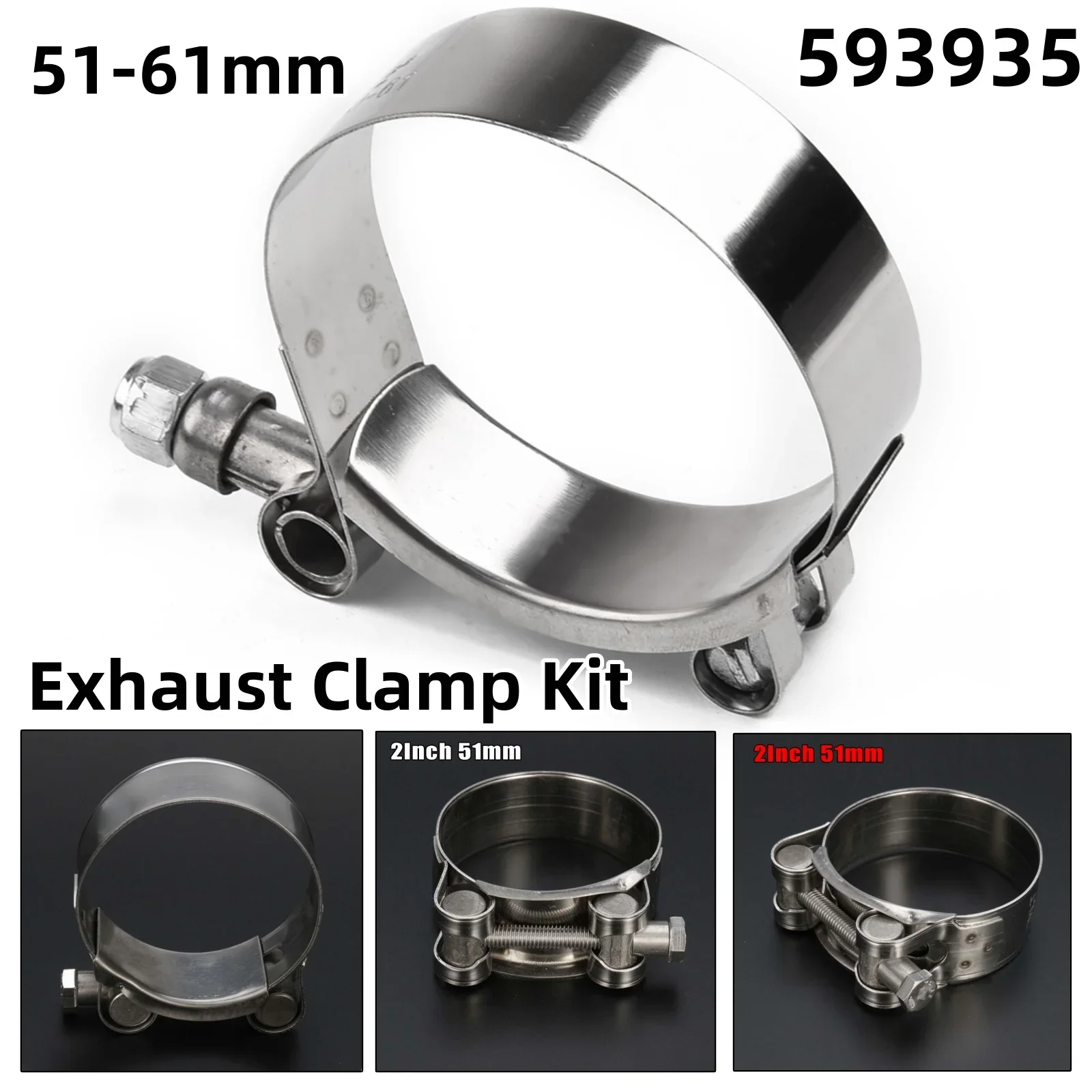 2-inch Motorcycle Exhaust Clamp Kit Band Exhaust Pipe Clamp Calipers Stainless Steel Rear Exhaust Clamp Kit 593935 51-61mm