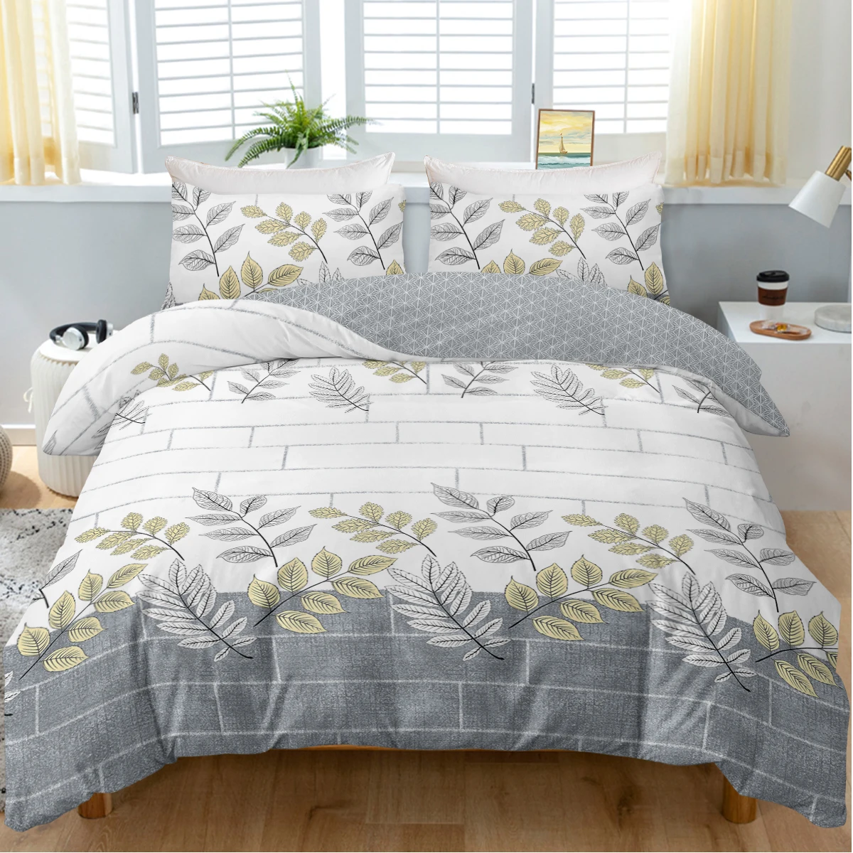 3PCS Leaf Print Bedding Set Soft Microfiber Duvet Cover Set Grey Brick Pattern Bed Linens Reversible Design For Bedroom Decor