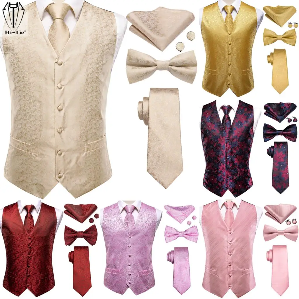 Hi-Tie Brand Silk Mens Vests Red Blue Green Gold Waistcoat Tie Bowtie Hanky Cufflinks Set Waist Jacket For Men Wedding Office