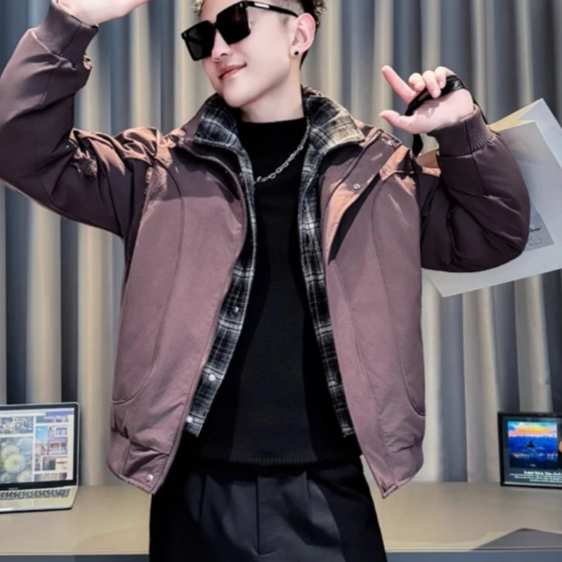 Winter Fake 2 Jackets Men Korean Fashion Plaid Spliced Cotton Jacket Stand Collar Casual Business Parkas Streetwear Hip Hop Coat
