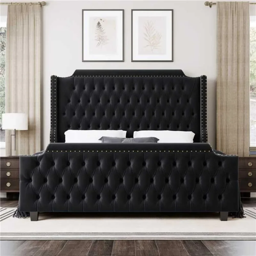 Queen Size Platform Bed Frame with  Tall Wingback Headboard & Deep Button Tufted Footboard, Velvet Upholstered Bed Frame