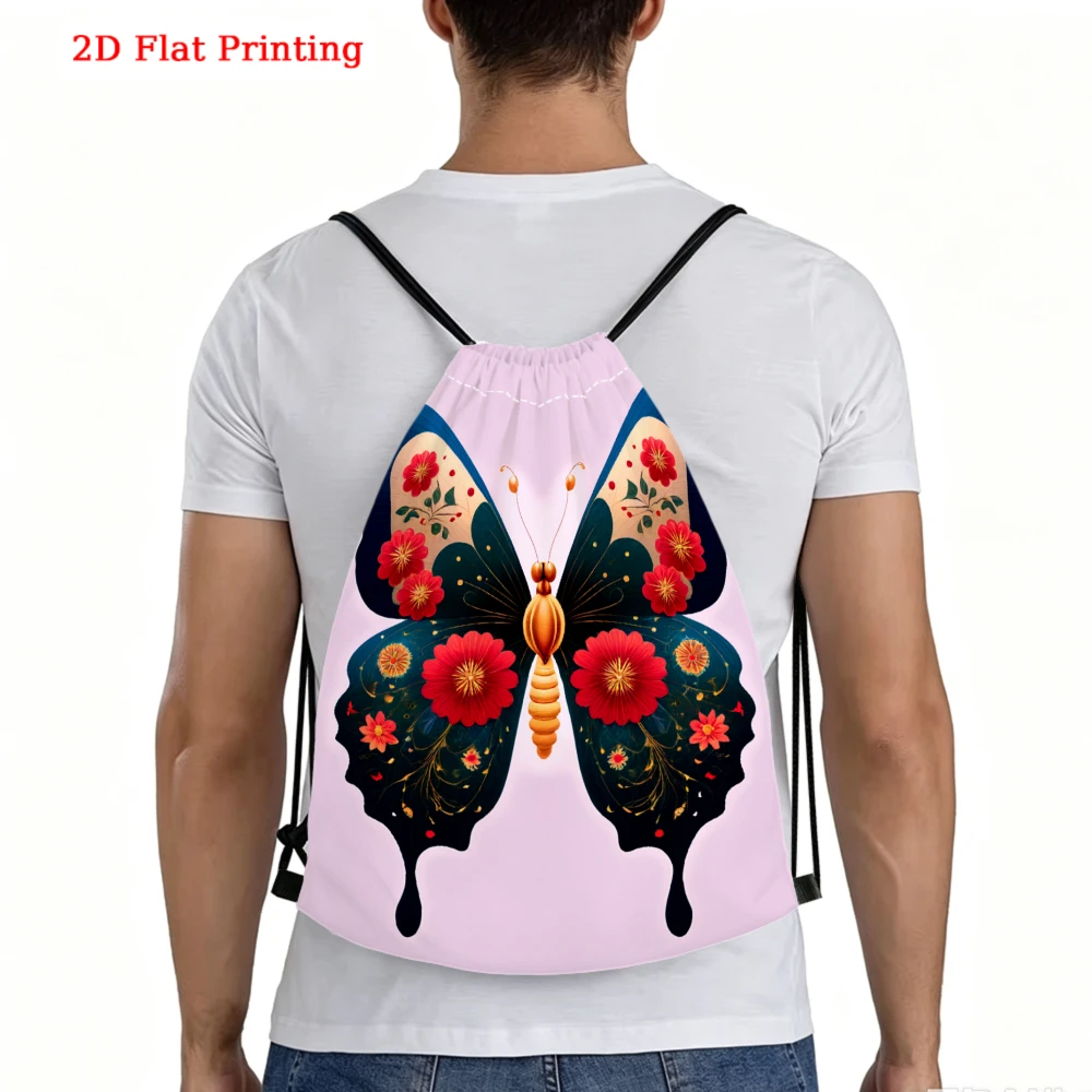 Vintage Floral Butterfly, Drawstring Backpack, 2D Flat Printing Gym Sports Bag, Outdoor Travel Cinch Sack