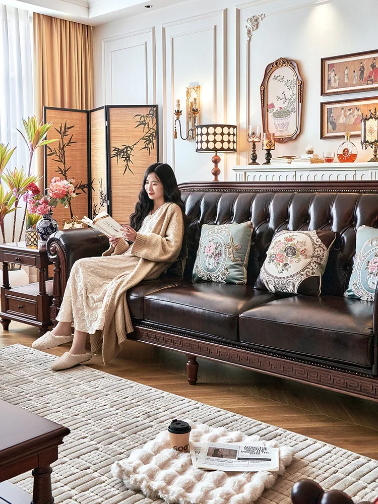 solid wood leather sofa first layer cowhide 123 combination simple beautiful living room villa furniture four people