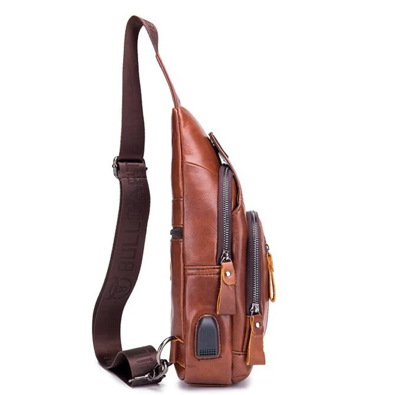 Novo 100% Couro Couro Casual Moda Crossbody Peito Bolsa de Couro dos homens Saco de Carregamento USB Viagem Ombro Bolsa Daypack Masculino