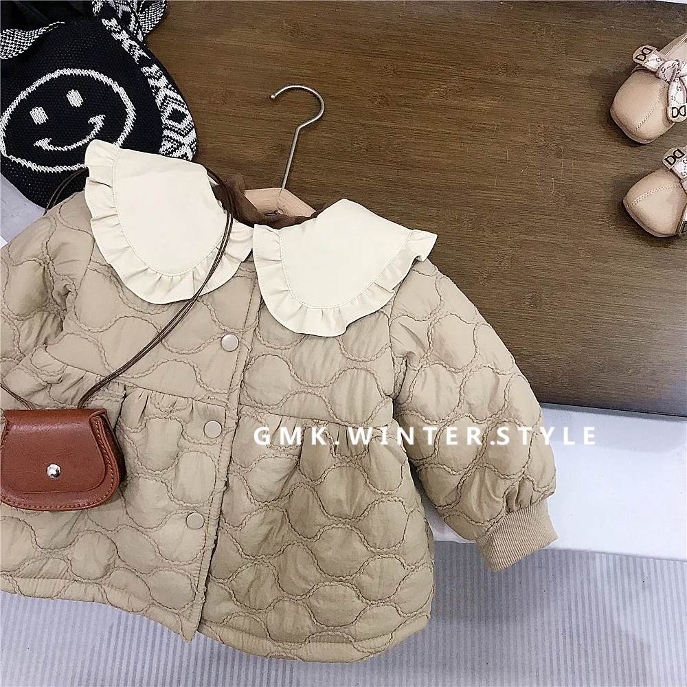 Baby Girls Parkas Fashion Lace Peter Pan Collar Fleece Thicken Cotton Clothes 2024 Winter New Style Childrens Keep Warm Coats