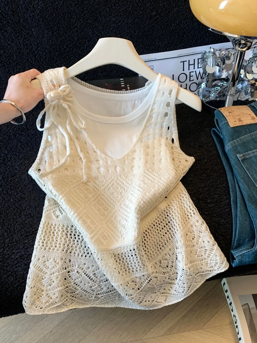 

Loose Knitted Hollow out Sleeveless Vest Women's Summer Fashion Set Casual Breeze Style round Neck Top Lightweight Vest
