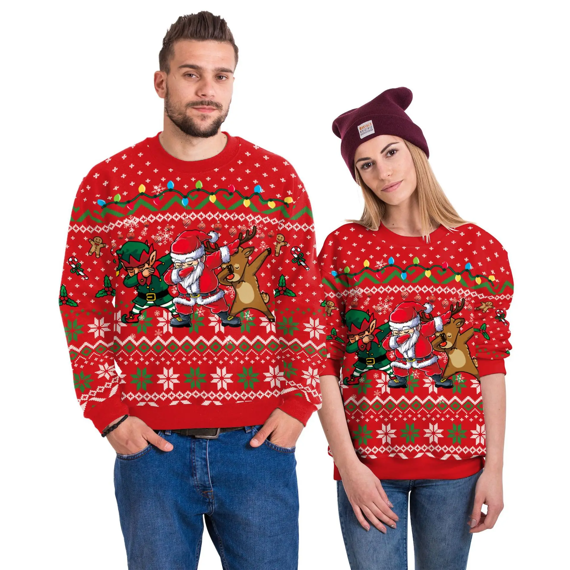 2024Sweatshirts Christmas Fun Pattern Couple Pullovers Christmas Oversized Crew Neck Sweatshirts Women Men Holiday Party Outfits