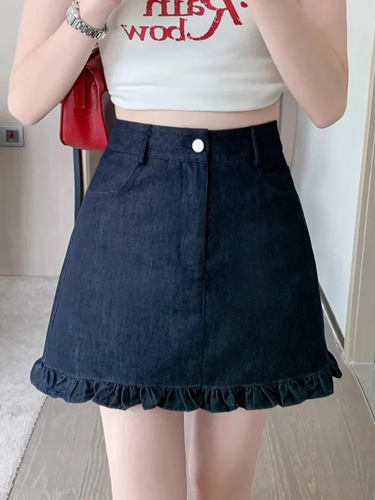 

Юбка А-силуэта с высокой талией, женская джинсовая юбка с отделкой, летняя, утягивающая, из полиэфирного волокна, с высокой талией, Wood ain