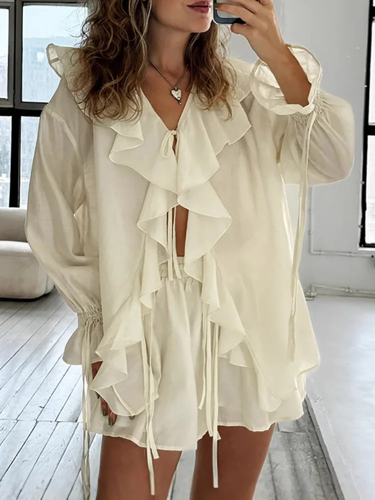 Women Retro Flare Sleeve V Neck Lacing Up Top And Shorts Suit Spring Summer Female Casual Solid Loose Shorts Set Two Piece Sets