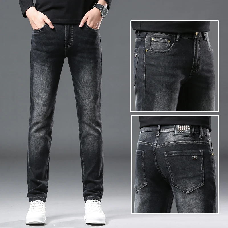 Pantalones vaqueros de alta gama para hombre, jeans rectos de negocios, elásticos, negros y grises, informales, lavados