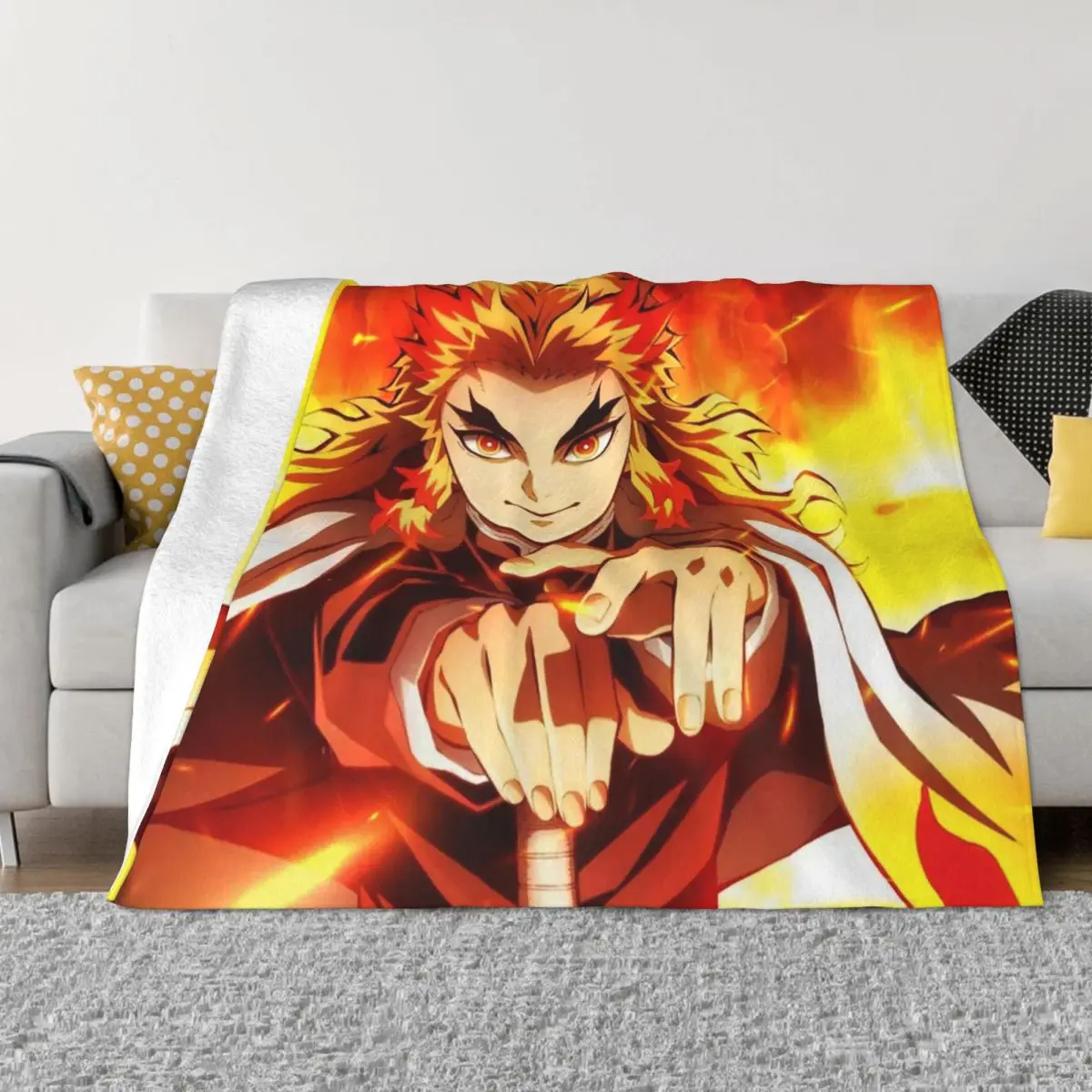 

Demon Slayers Rengoku Flannel Throw Blanket Anime Cartoon Blankets for Home Travel Ultra-Soft Bedspread