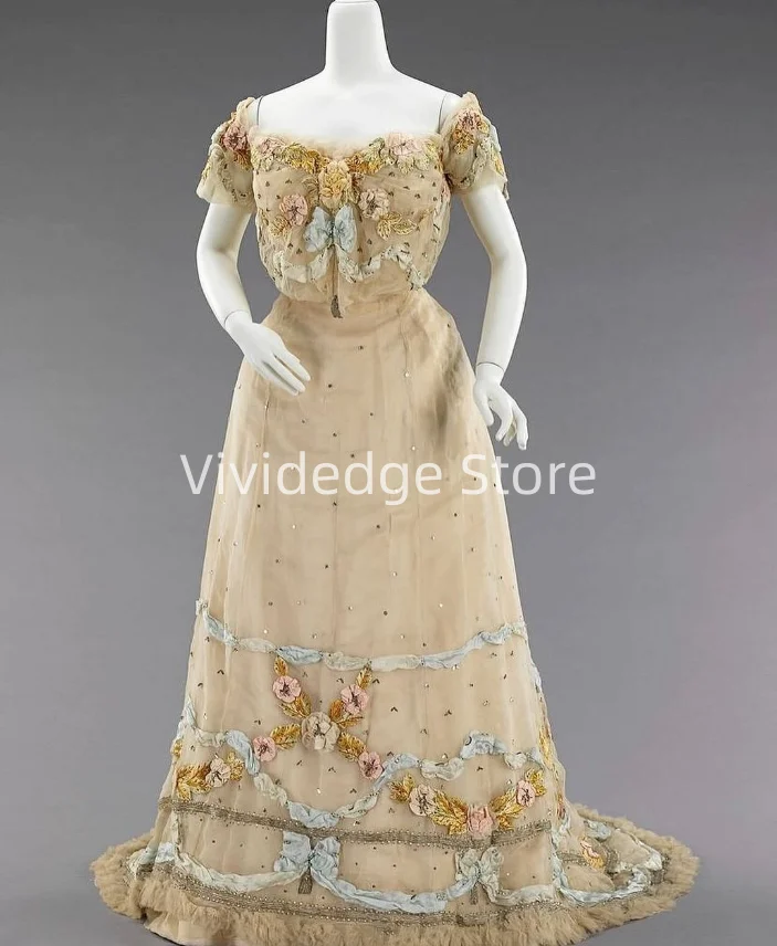 Vintage Short Sleeve Prom Dresses Cubic Floral Renaissance Medieval Dresses Victorian Evening Gowns vestidos de graduación