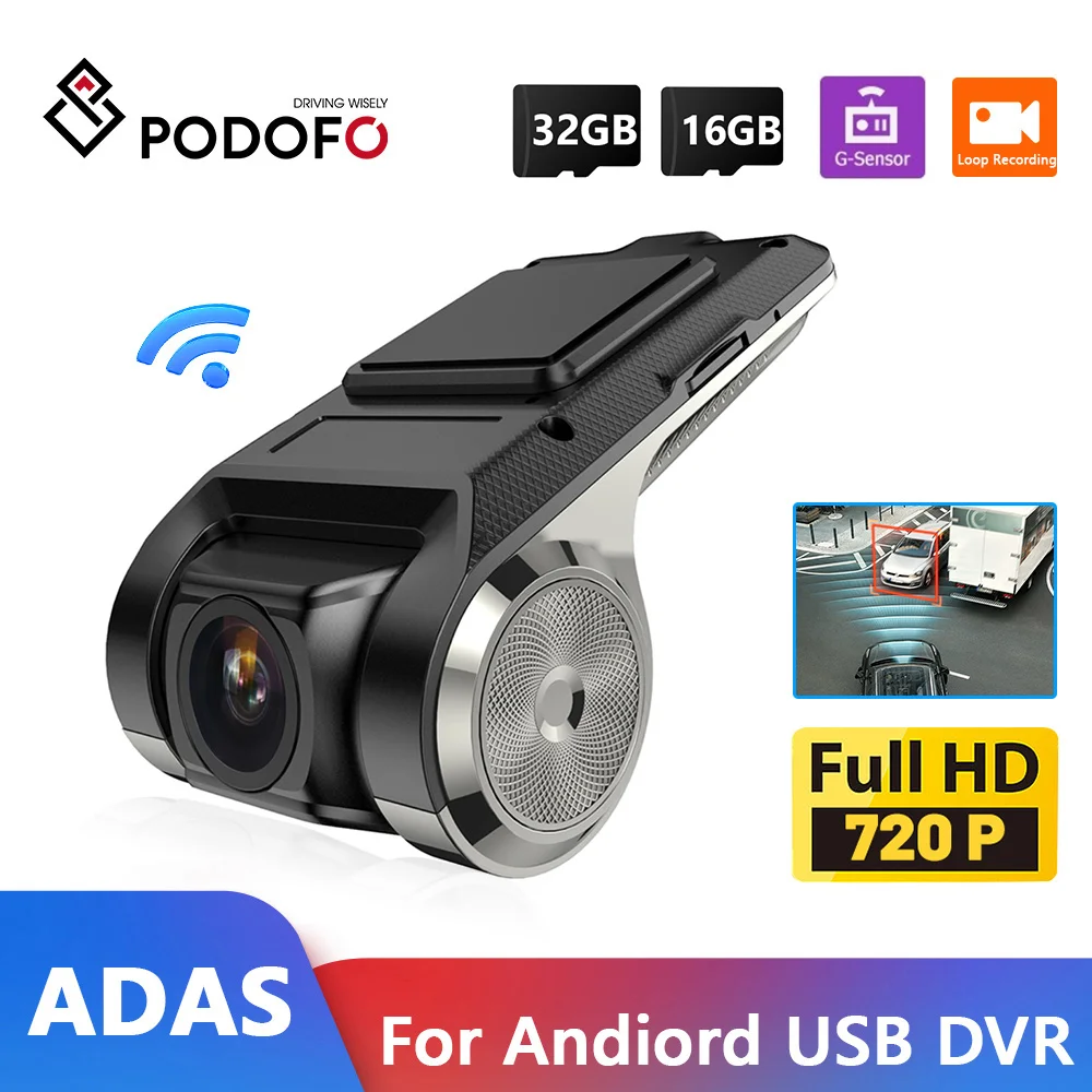 Podofo Car DVR Dash Cam ADAS LDWS/ FCWS HD 720P Video Registrator Auto Recorder USB Support TF Card Multimedia Video Player