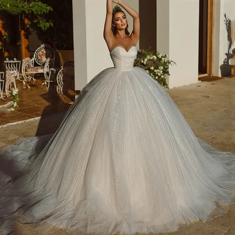 On Zhu Customized Saudi Arabia Wedding Dresses Ball Gowns Glitter Tulle Sweetheart Bride Dresses Robe De Mariee Wedding Gowns