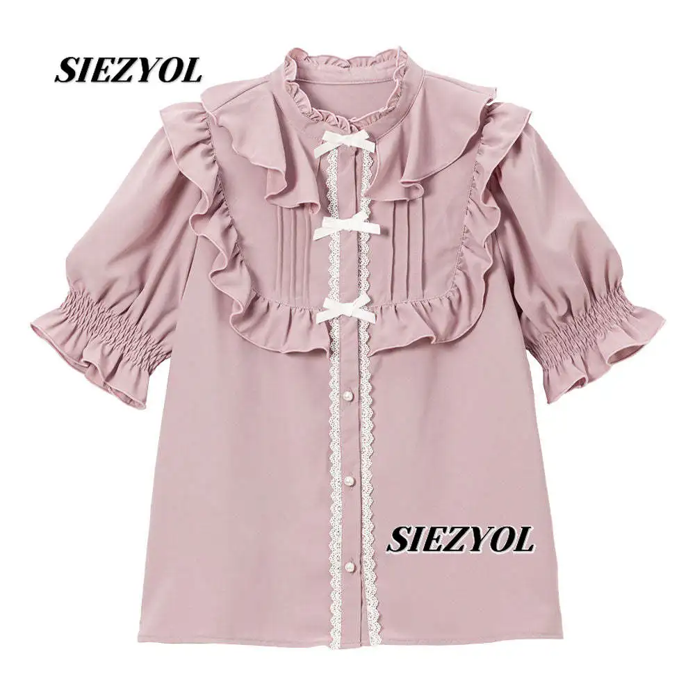 Japanese Style New Sweet Exquisite Shirt Pure Color Retro Blouse Heavy Industry Fungus Edge Bows Stand Collar Lolita Tops