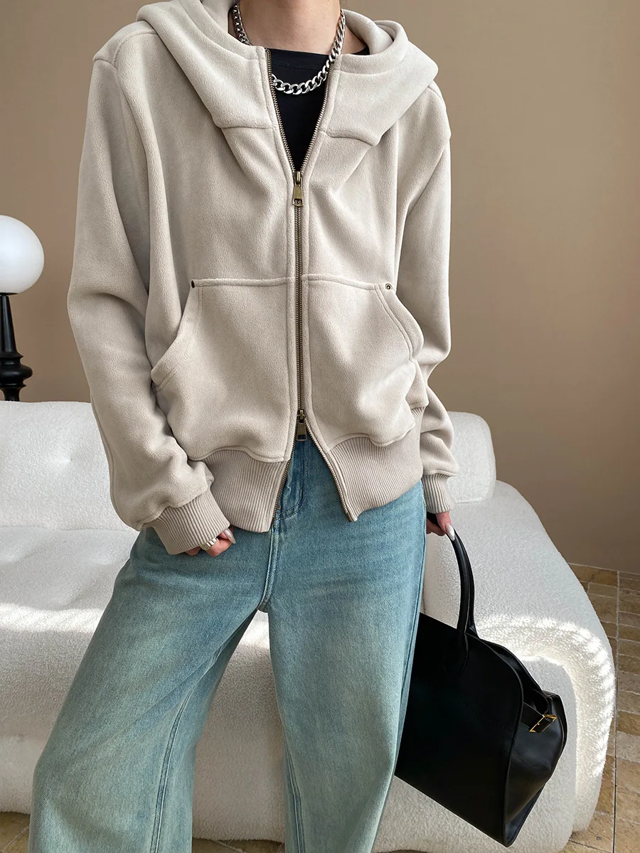 

Spring and Autumn Women's Casual Solid Color Pocket Decoration Loose Hooded Sweatshirt