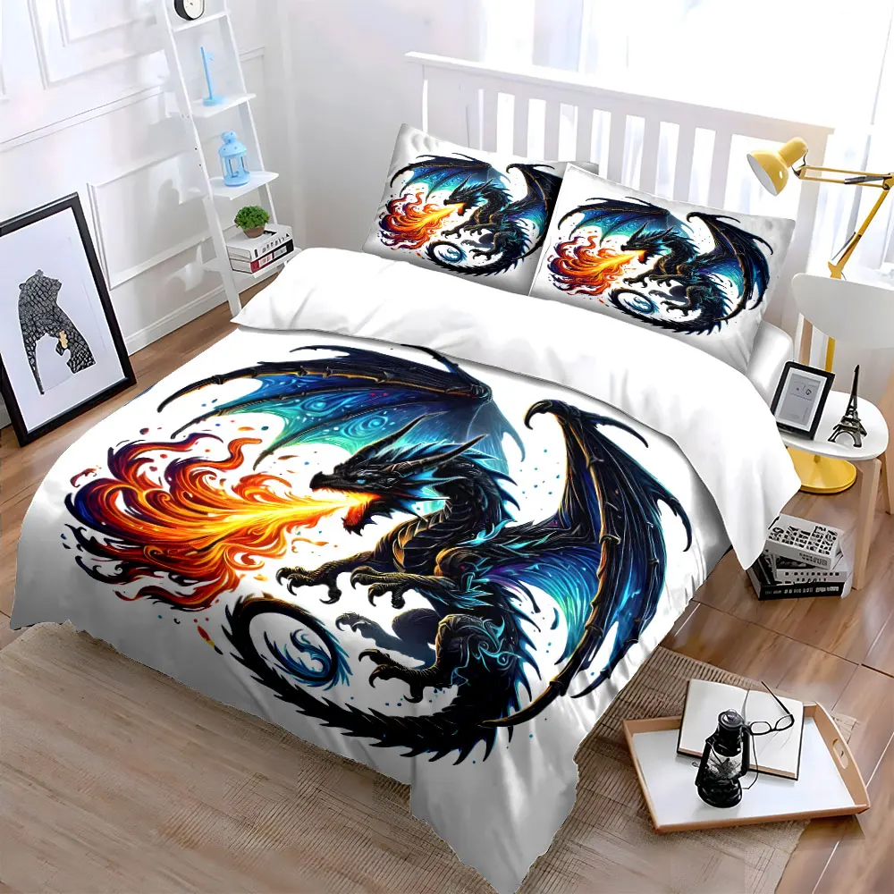 Vibrant dragon spewing fiery flames Print Bedding Set 1 Duvet Cover 2 Pillowcases for Adult and Children Luxury Gift Full Size