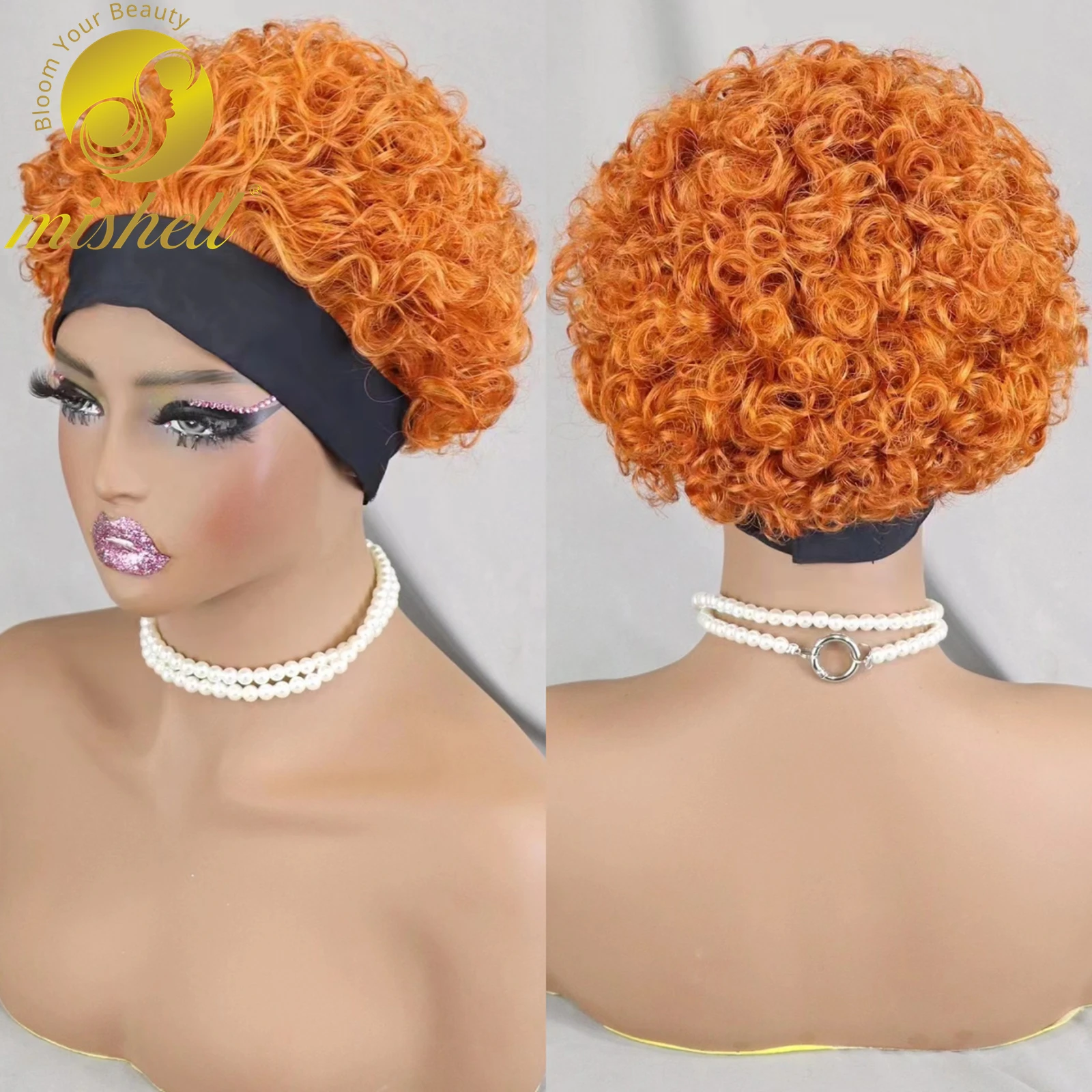 200% Density Ginger Orange Hair Wigs Short Machine Made Wigs Bouncy Curly Human Hair Wigs with Bangs PrePlucked for Black Women