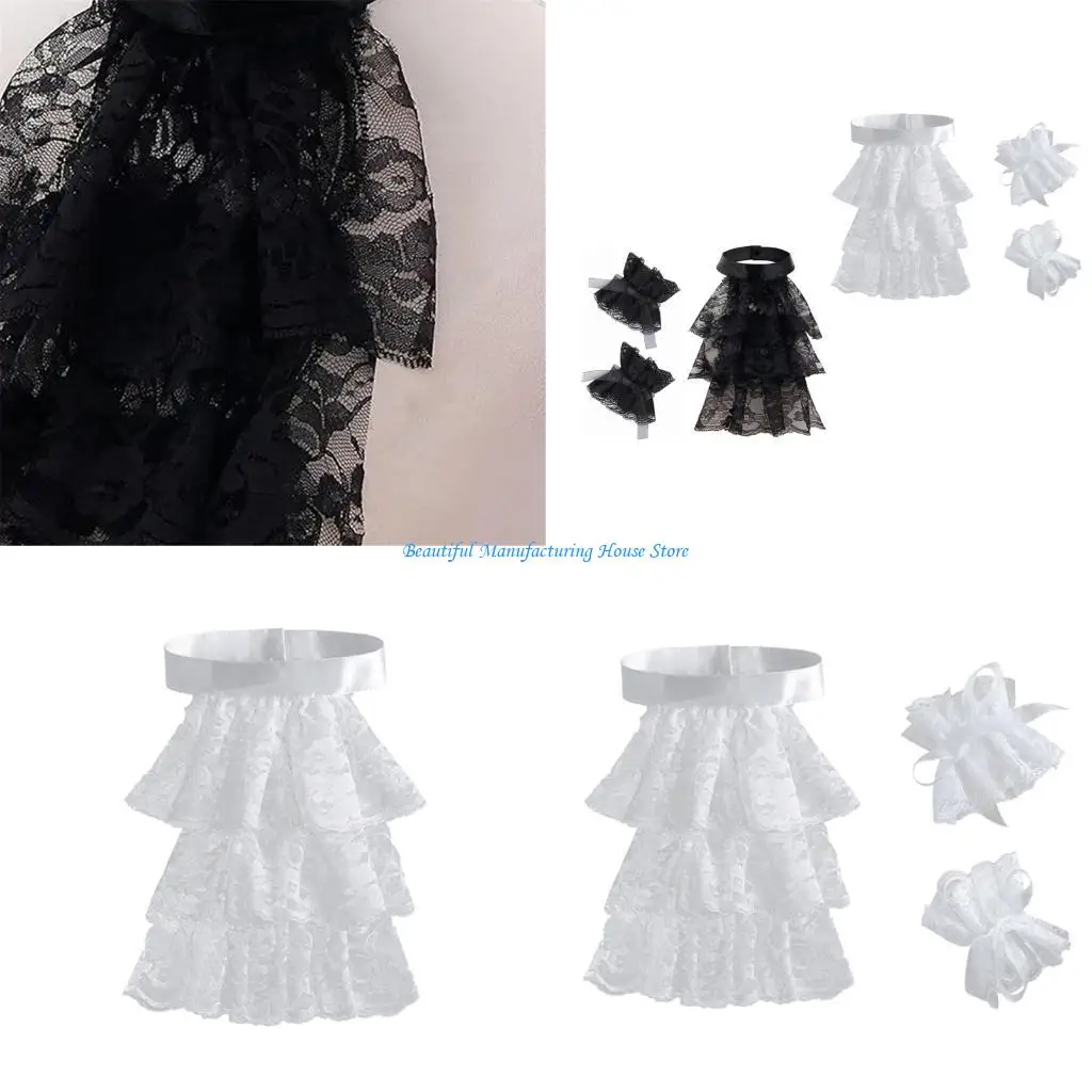 E56A Women Jabot Collar Decorative Crystal Wristband False Collar Lapel Tie Choker