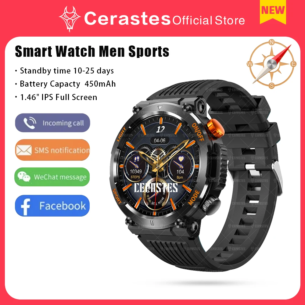 

compass Rugged Military Smart Watch Men 1.46 inch with Flashlight Fitness GPS Sports Watch Heart Rate Bluetooth Call Smartwatch