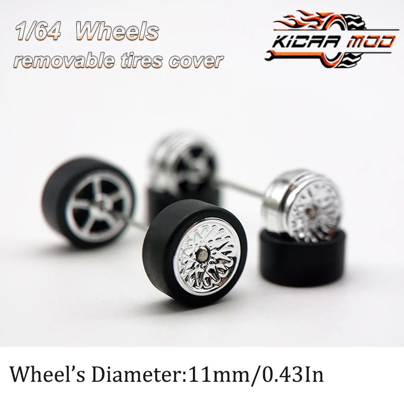 1/64 RLC Premium Wheels with Rubber Slick Tires for Hot Wheels Petal Spokes 2 Model Car Refitting Parts D:11mm (1 Set)