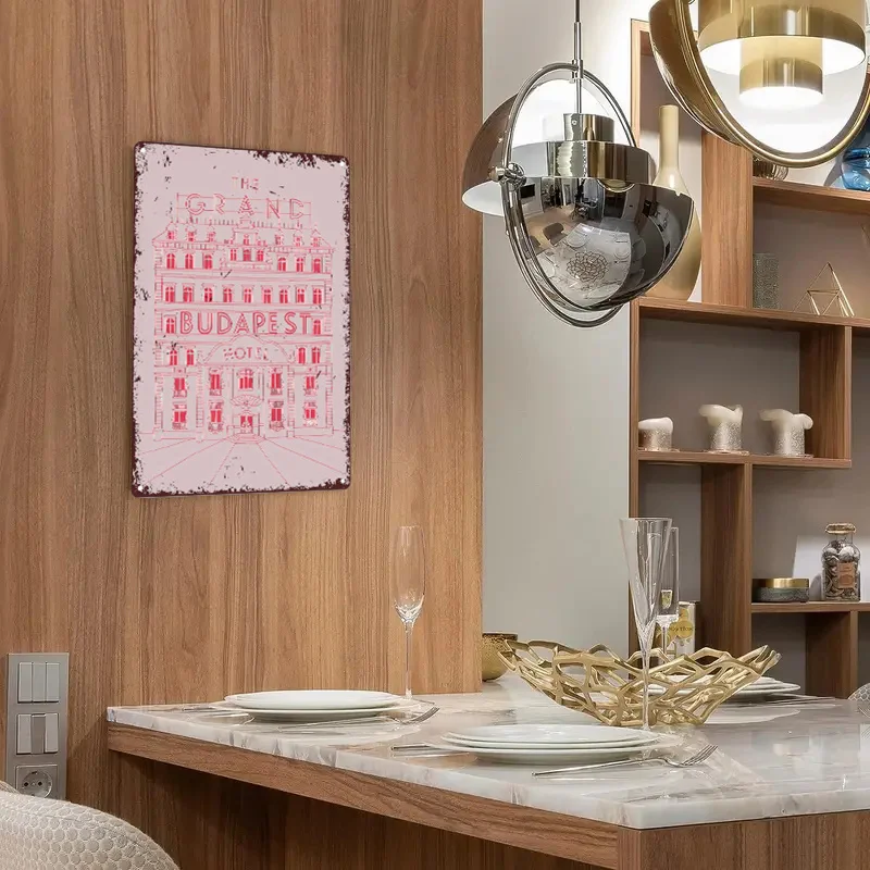 1 قطعة ، علامات معدنية عتيقة القصدير اللوحة جراند بودابست فندق مبدع بناء رسم ريترو خمر نظرة جدار الفن لشريط ، مقهى ، بيا