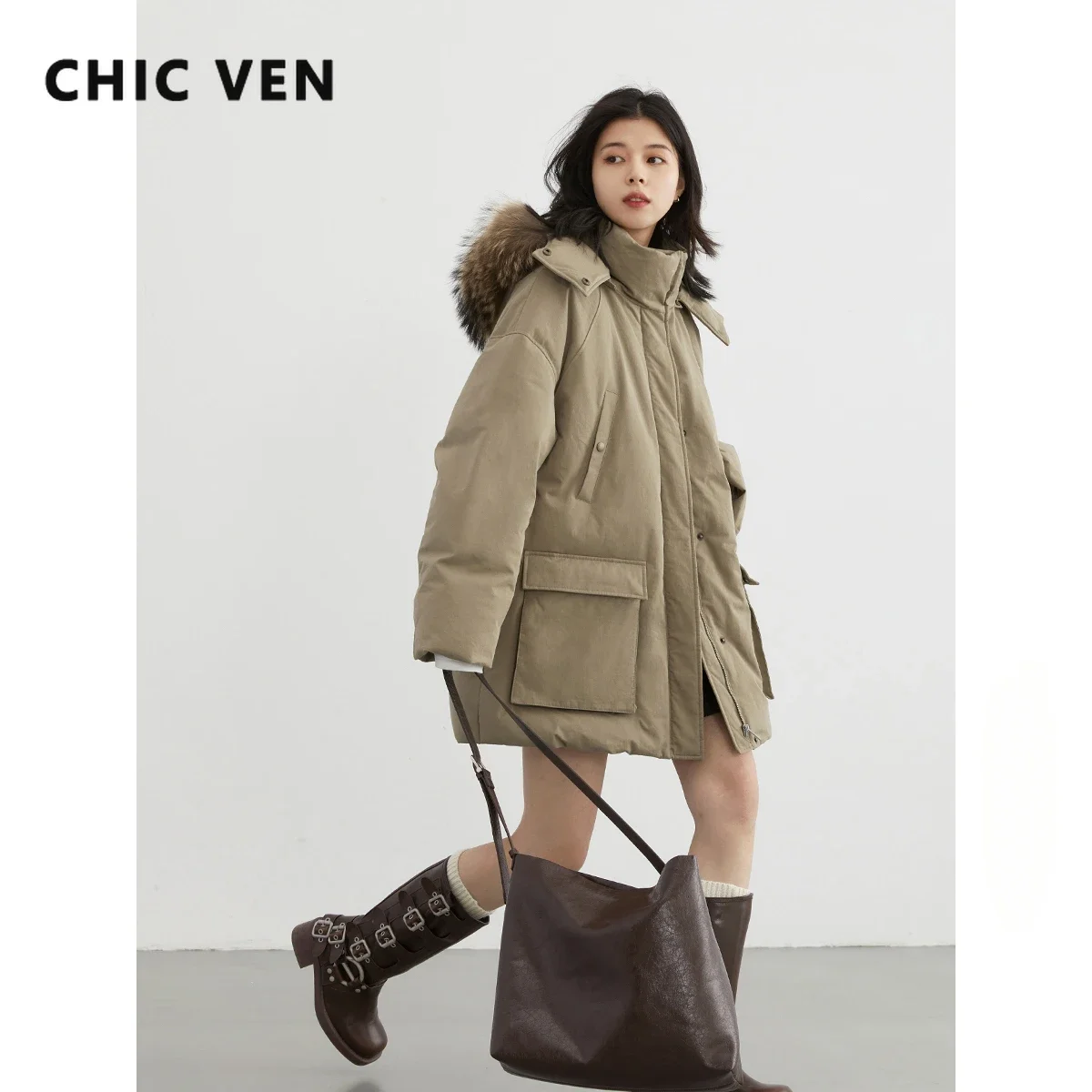 CHIC VEN Women Down Coats Solid Outdoor Loose Casual Down Jacket Thickened Parka Jackets Female Overcoat Autumn Winter 2023
