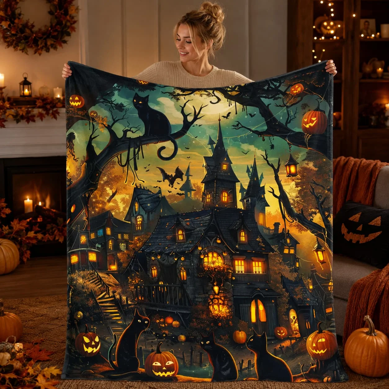 Pumpkin Cat Halloween Sherpa Blanket, Haunted House Decor