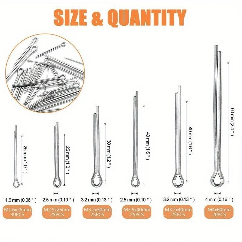 AXK 150pcs M1.6 M2.5 M3.2 M4 304 Stainless Steel Car Break Split Pins Assortment Kit U Shape Type Cotter Pins Set