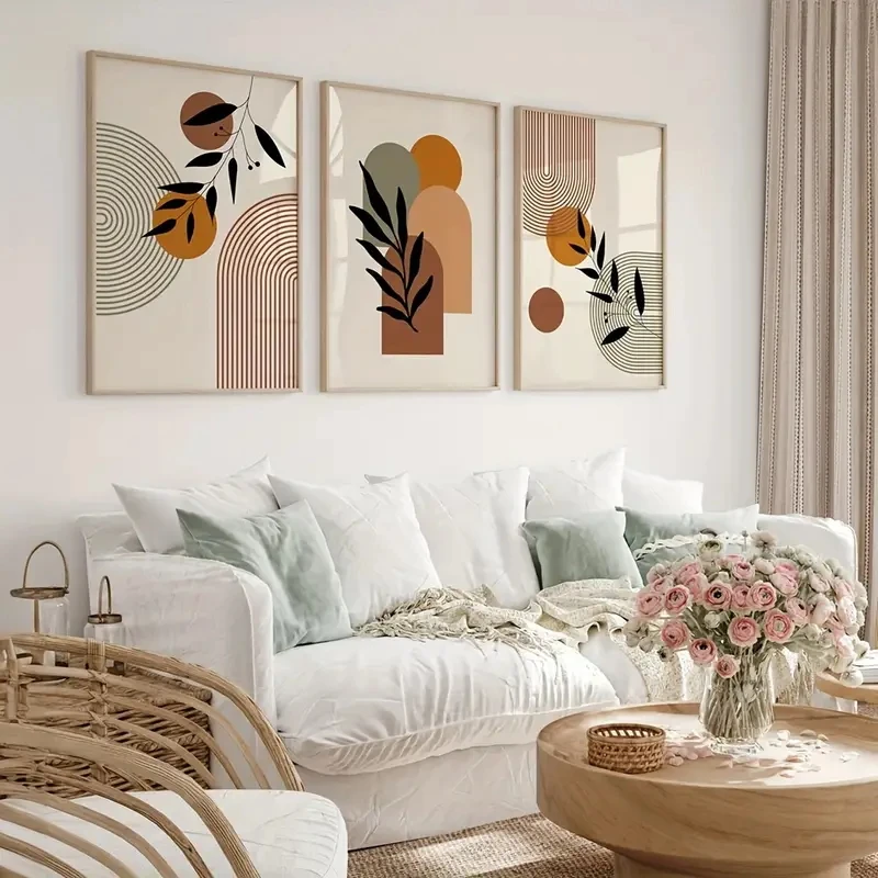 3pcs Bohemian-style Plant Geometric Abstract Posters, Retro Art Canvas Printing Wall Paintings, Modern Home Decoration