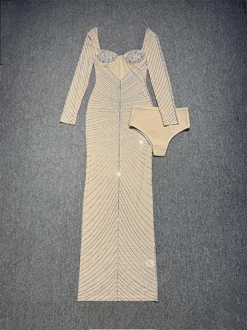 Cristais de luxo bege feminino vestido de baile 2 pçs conjunto saia calças curtas + vestido festa formal mangas completas noite feriado aniversário robe