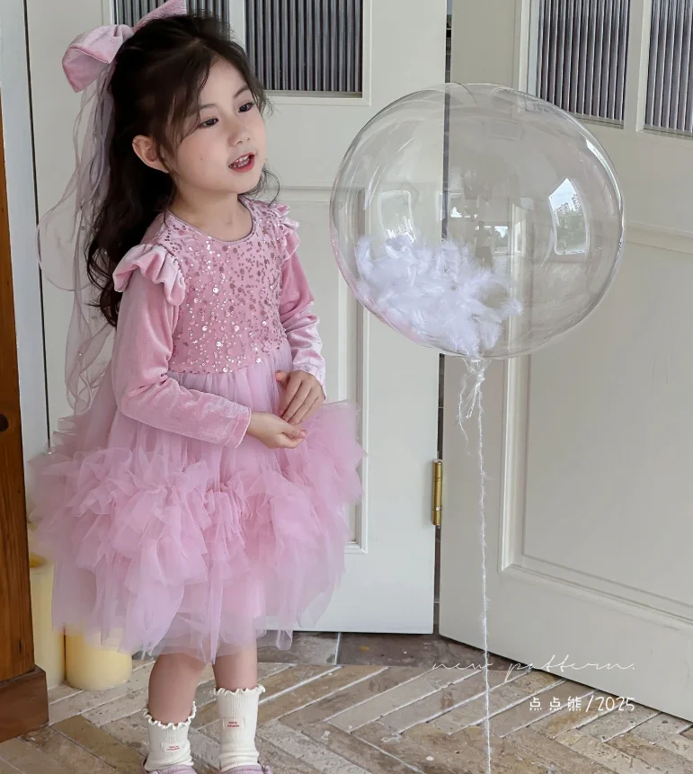 فستان شبكي قطيفة بأكمام طويلة لخريف الطفل الجديد، فساتين حفلات أزياء الأميرة للأطفال 2-8 T