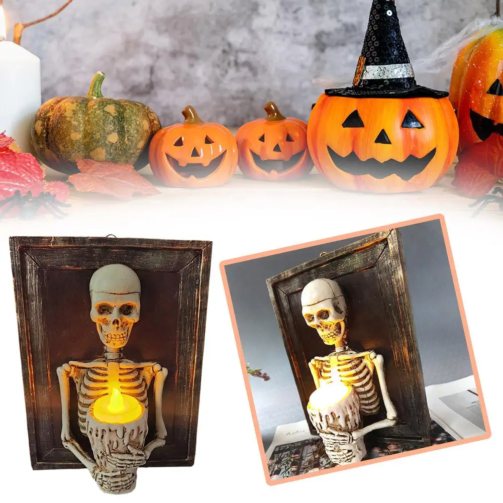 

Halloween Spooky Skeleton LED Light Framed Skeleton Wall Candle Holding Candle New Ornament LED Torso Decor Halloween Lamp O1K3