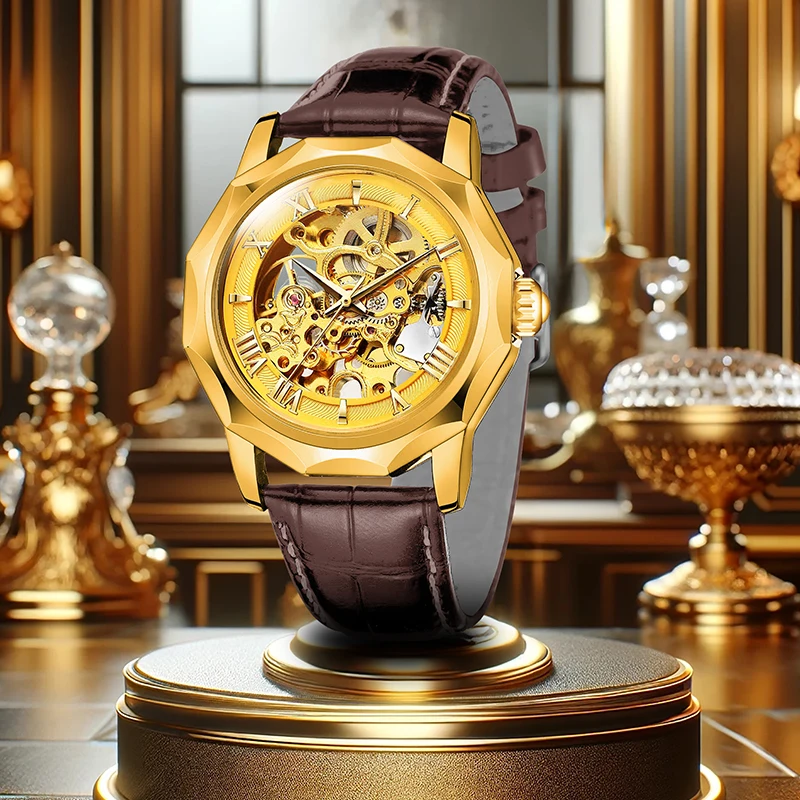 

Мужские золотисто-коричневые классические полностью автоматические механические часы в деловом стиле с профессиональным ощущением