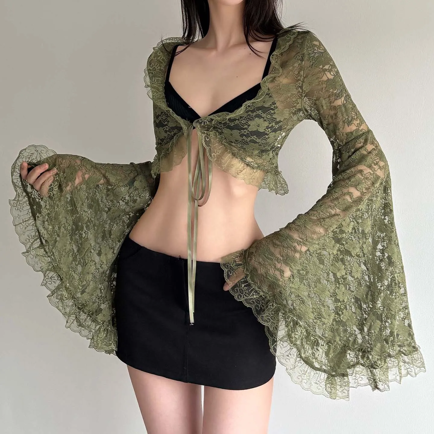 Women's Olive Y2K Sheer Lace Crop Top Bell Sleeve Ruffled Tie Front Goth Blouse Club Party Casual Aesthetic Top