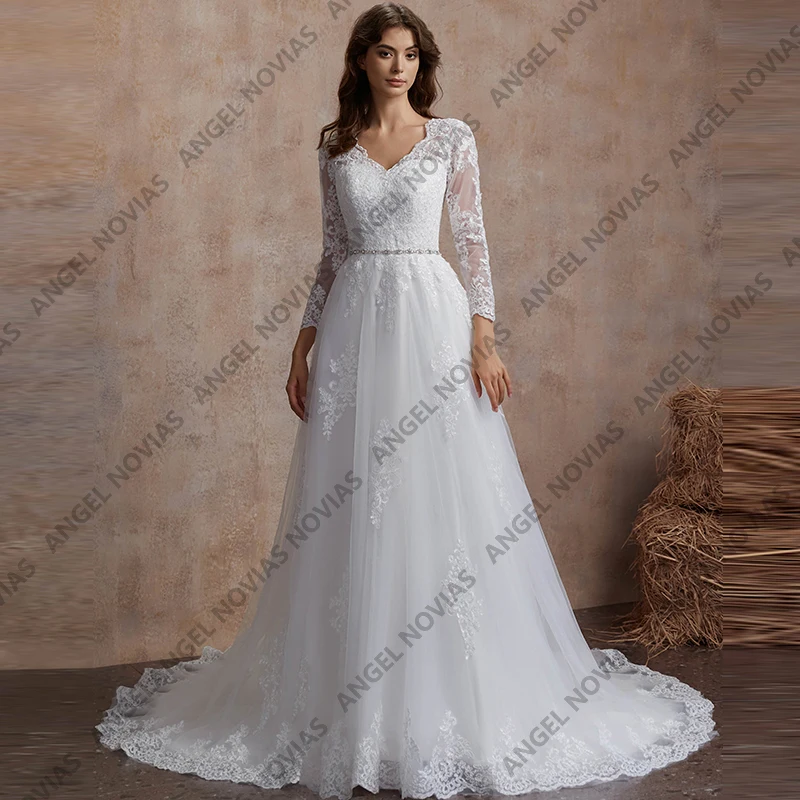 Angel Novias image réelle manches longues robes de mariée blanches décolleté en V dentelle Appliques robes de mariée Vintage vestidos de novia