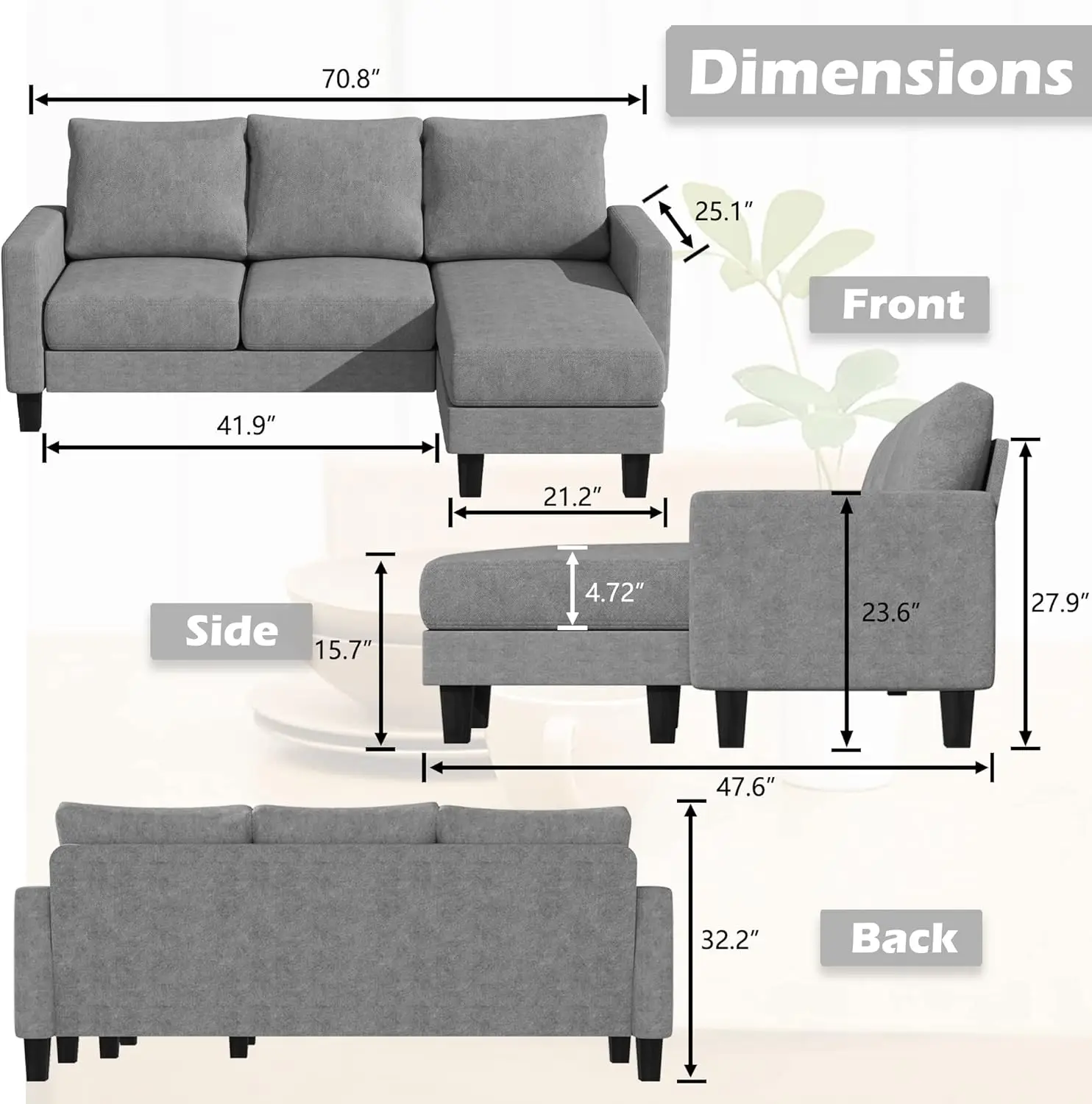 Convertible Sectional 3 L-Shaped Couch Soft Seat with Modern Linen Fabric, Small Space Sofas for Living Room, Apartment