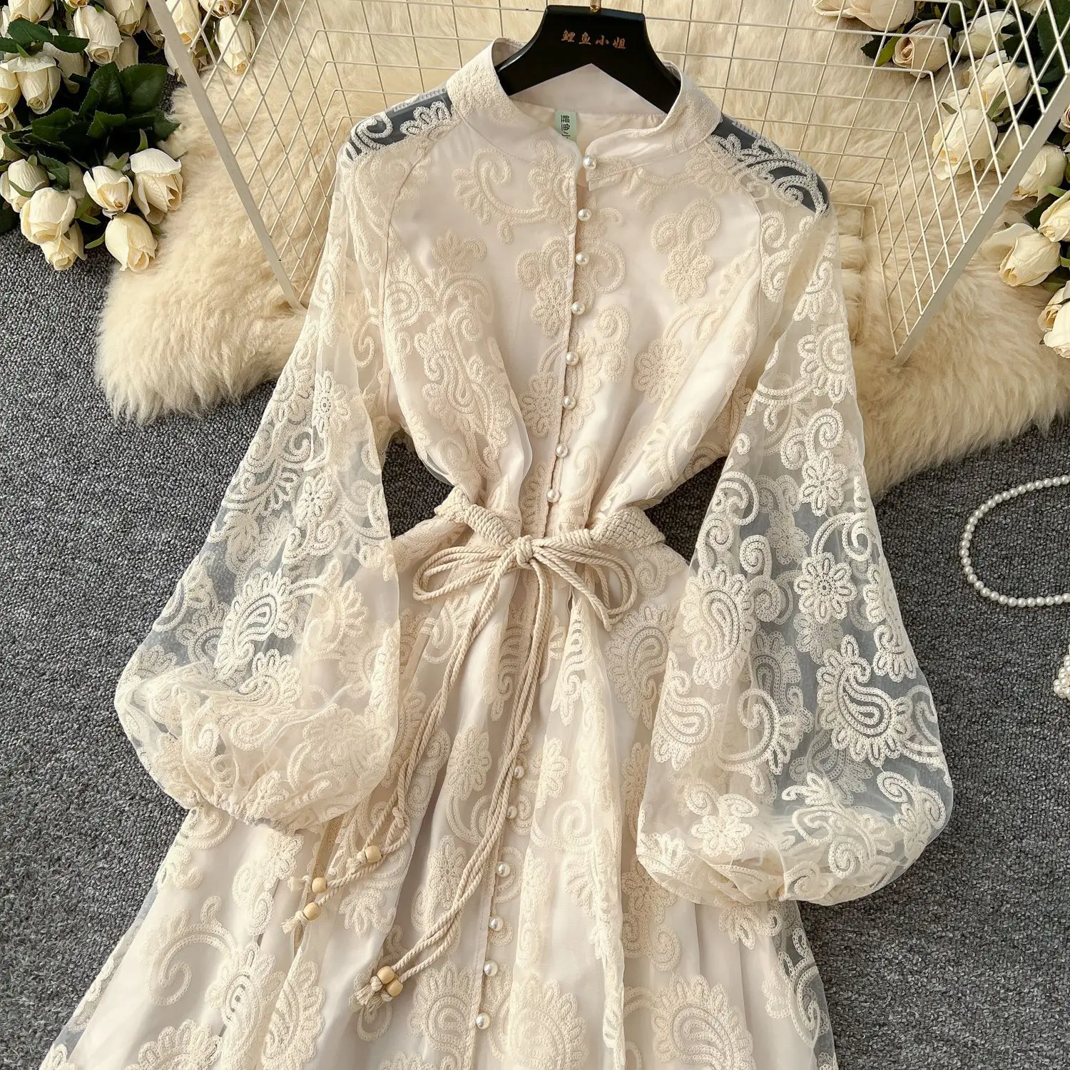 Vestido de encaje para mujer, Vestidos largos con un solo pecho, bordado, línea A, ropa de calle, manga acampanada, elegante Y2k, fiesta y boda