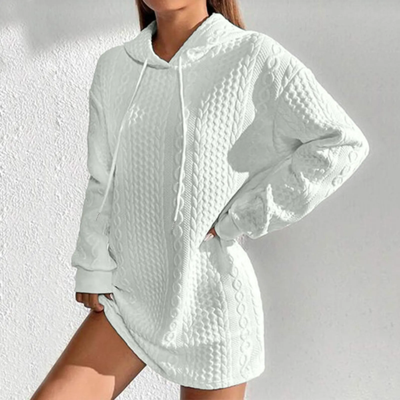 Women's Fashion Solid Hooded Dress Long Sleeve Casual Hoodie Sweatshirts Drawstring Dress Autumn White Mini Dresses for Women