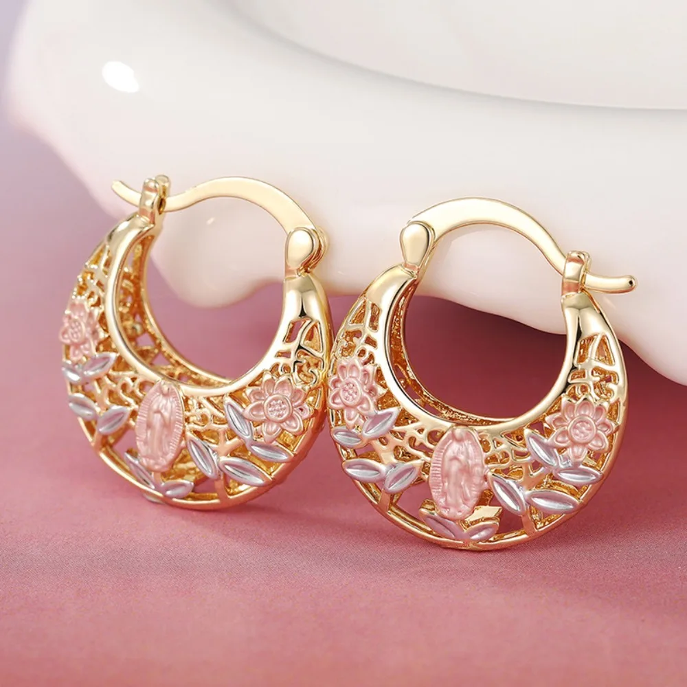 Luxury Ethnic-style Stereo Hollowed-out Pink Flower Hoop Earrings Women's Exquisite Stainless Steel Multi-color Earrings Jewelry