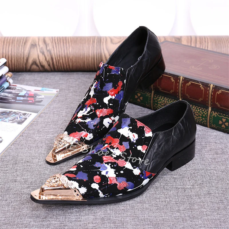 Fashion Metal Pointed Toe Loafers for Men Mixed Color Graffiti Prints Shallow Slip-On Casual Shoes Male Party Wedding Oxfords image 2