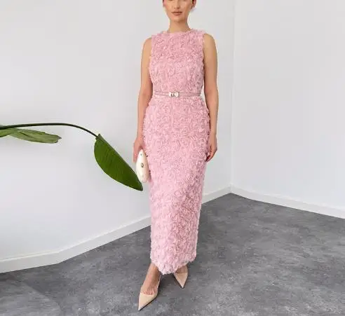 여름 라운드넥 민소매 플리츠 우아한 드레스, 장미 데칼 장식, 패셔너블하고 우아한 여성 드레스