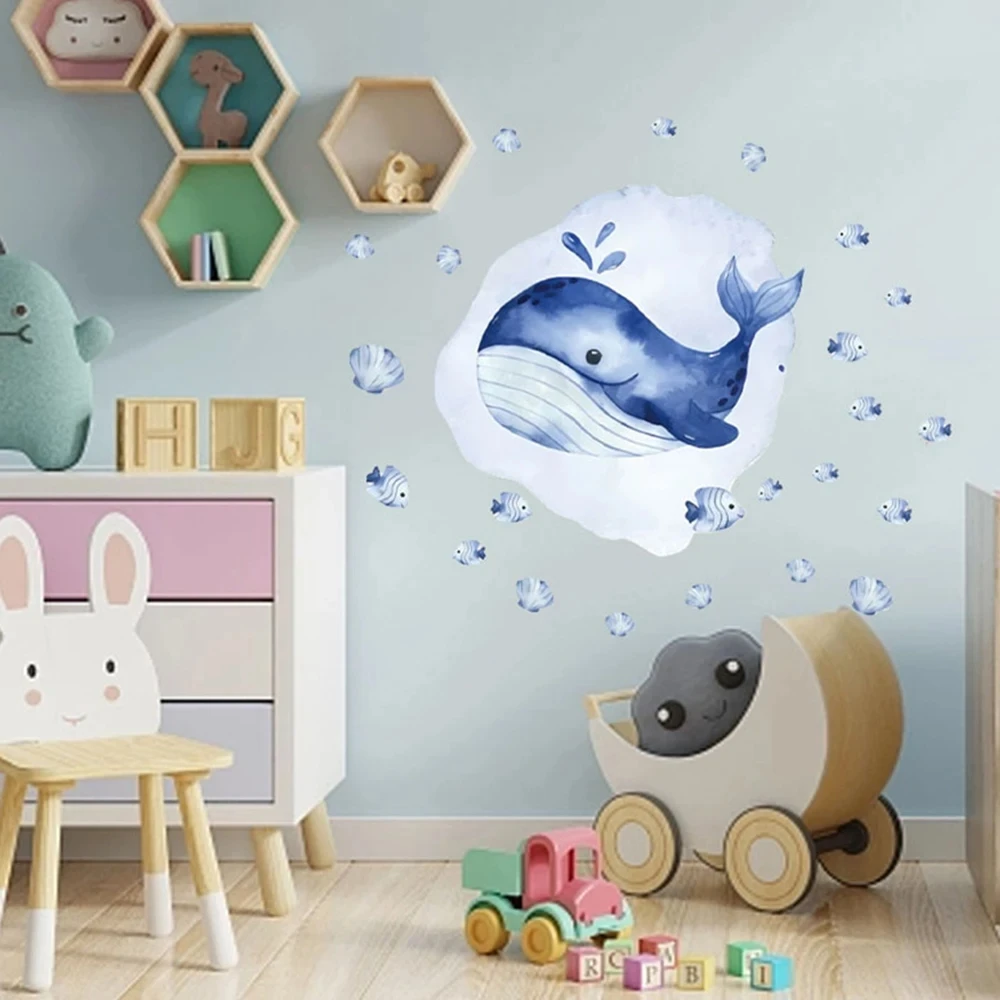 

Cute Cartoon Blue Whale Shell Sea Wall Stickers For Children's Kids Room Living-room Decoration Home Decal Poster Wallpaper