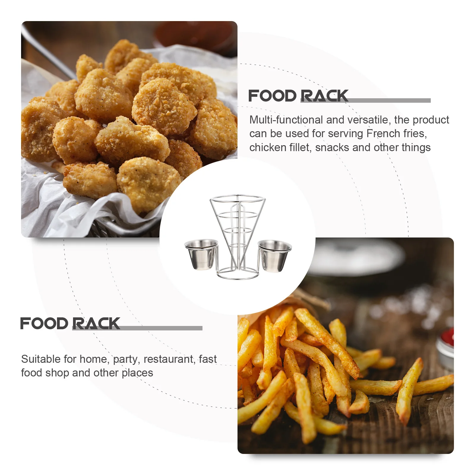 

1Set French Fry Stand Cone Basket Stainless Steel Snack Holder Frying Food Container with Sauce Dippers Fry Basket