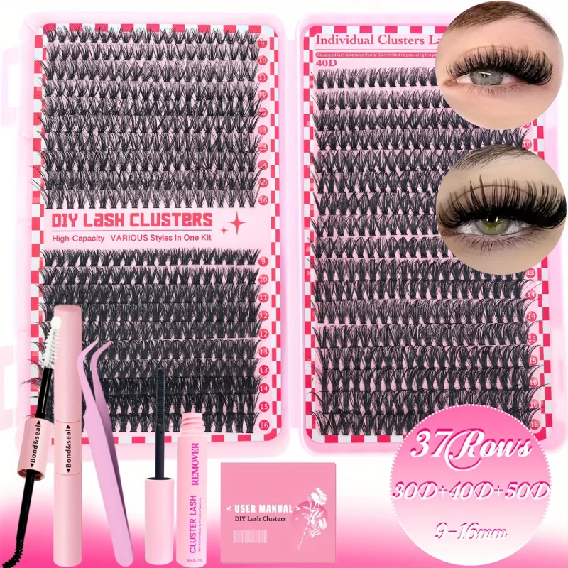 طقم تمديد الرموش 740/200pcsCluster، 2 في 1 لاش بوند، ملاقط، مزيل الرموش، مجموعات مزيج 30D+40D+50D 9-16 مم للمبتدئين