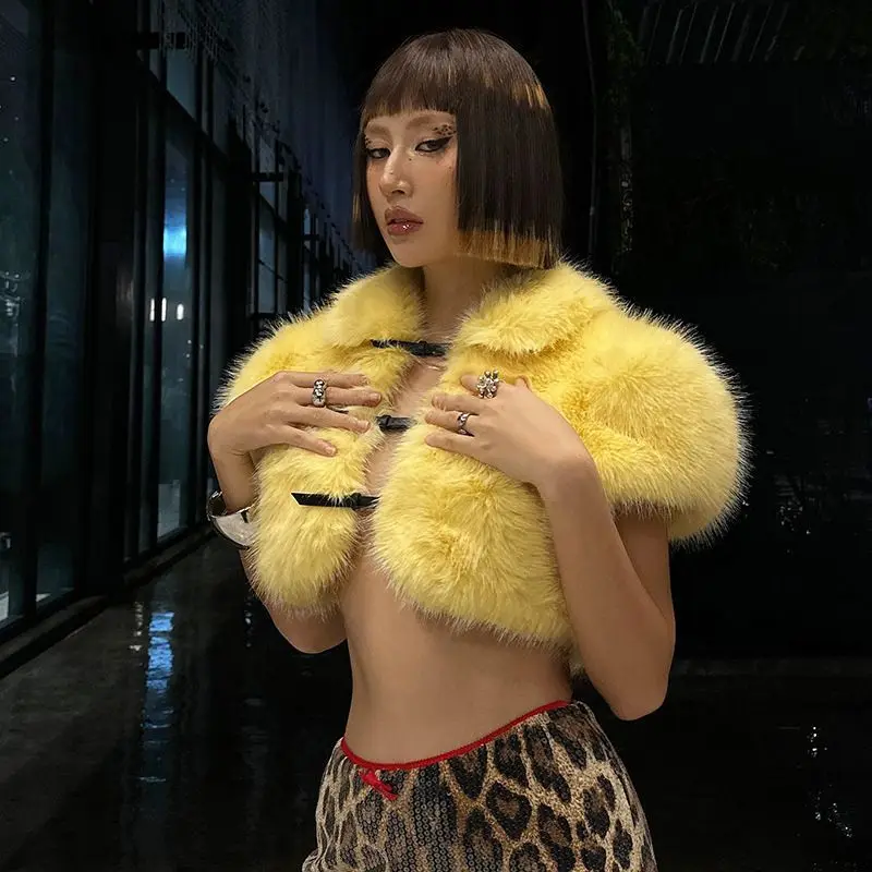 2025 Fur Short Coat Women Cropped Vest Luxury Yellow White Faux Fox Fur Jacket Fashion Warm Winter Waistcoats With Belt Buckle