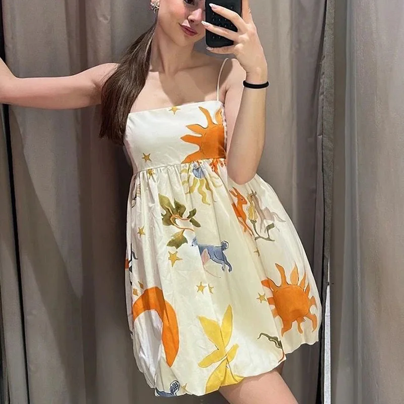 TRAF Print Slip Mini Dress Pleated Sleeveless Short Dresses For Women Summer Backless Holiday Dresses 2024 Sexy Beach Dress