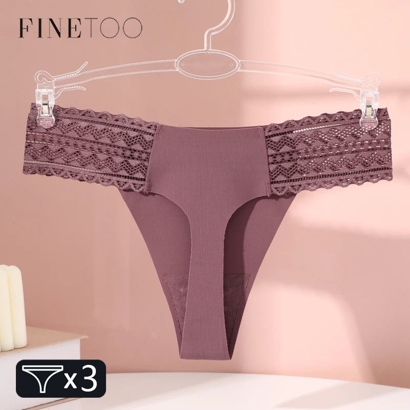 FINETOO 3Pcs Seamless Women Panties Sexy Lace G-string Hollow Out Waist Underwear for Female Solid Thongs Low Rise Lingerie S-XL