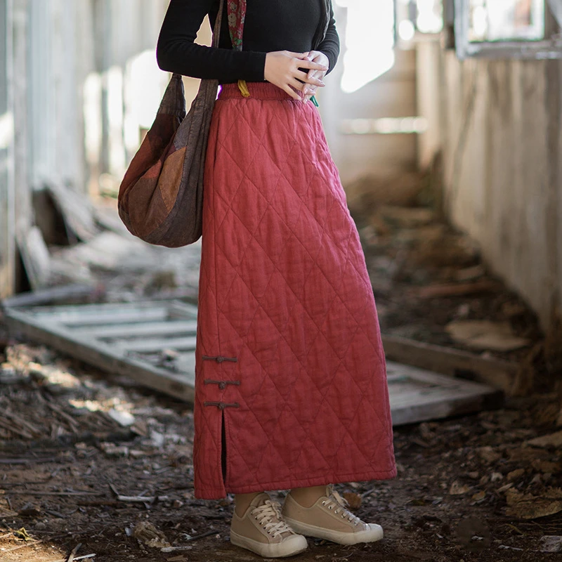 厚手の暖かい綿麻カジュアルスカート レディース 新作 2025 秋 ヴィンテージスタイル 無地 女性用 キルティングロングスカート M2076