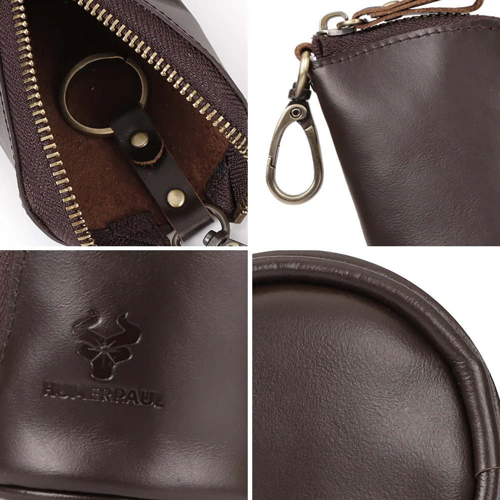 Vintage Genuine Leather Key Case Coin Purse Multifunctional Zip Key Holder Wallet with Key Ring & Hook to Organize Keys & Coins